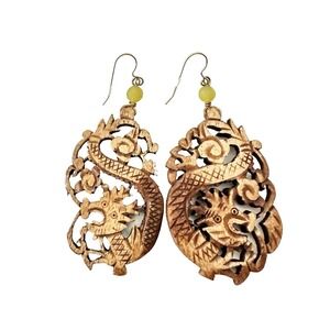 Vintage Large Asian Carved Dragon Pierced Earrings KC